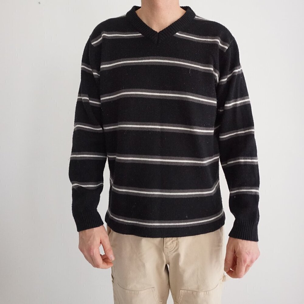 Vintage '90S Muskoka Lakes Black White Stripe Knit V-Neck Sweater XXL